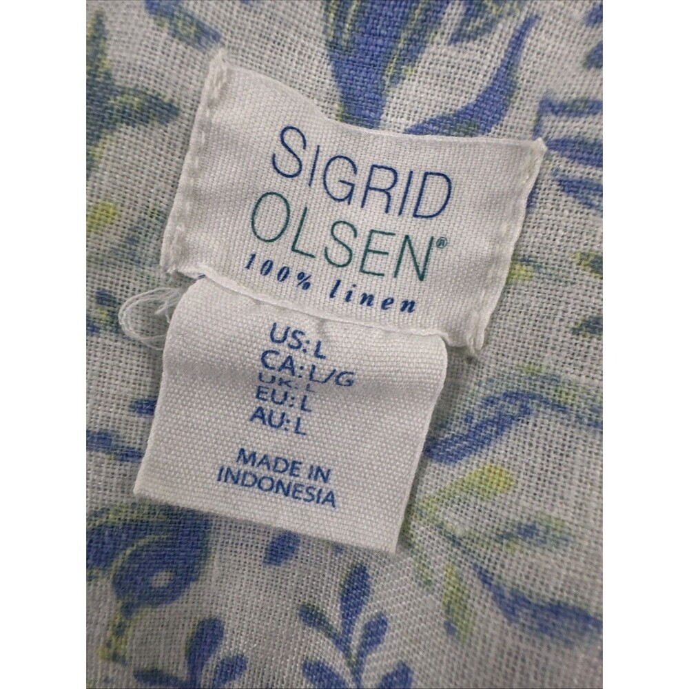 Sigrid Olsen Linen Tunic Shirt Button Down White Blue Seahorse Roll Tab Sleeves - Picture 9 of 11